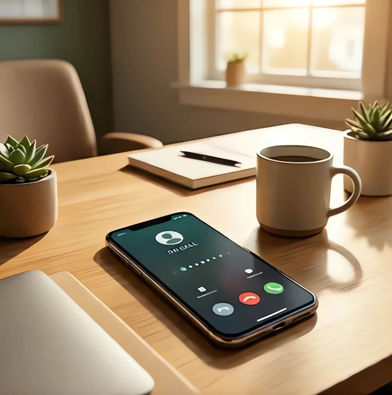 Phone face-up on a desk showing an incoming call, beside a notepad and a mug