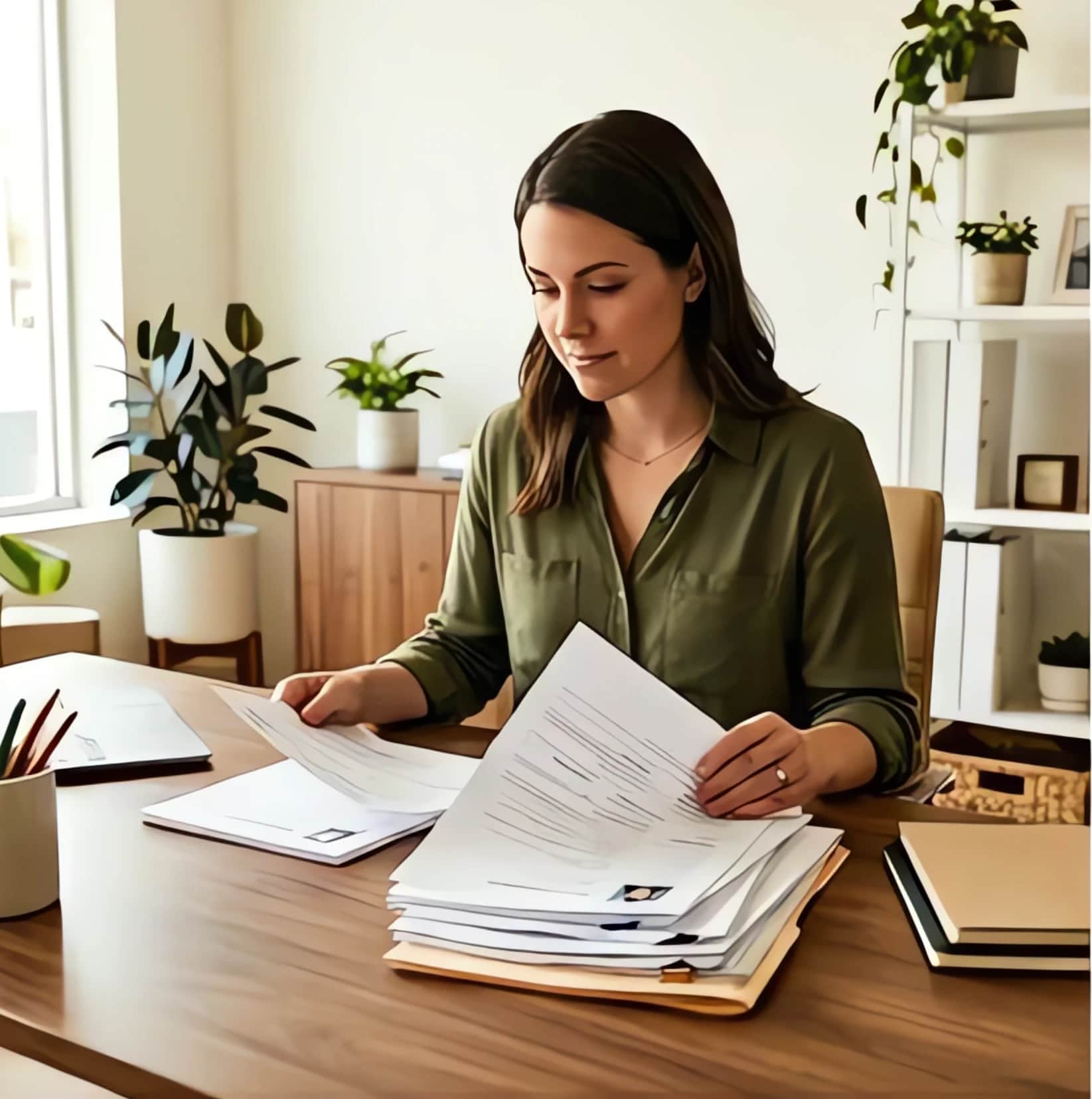 Small business owner reviewing new hire paperwork and forms at a desk in Orange County