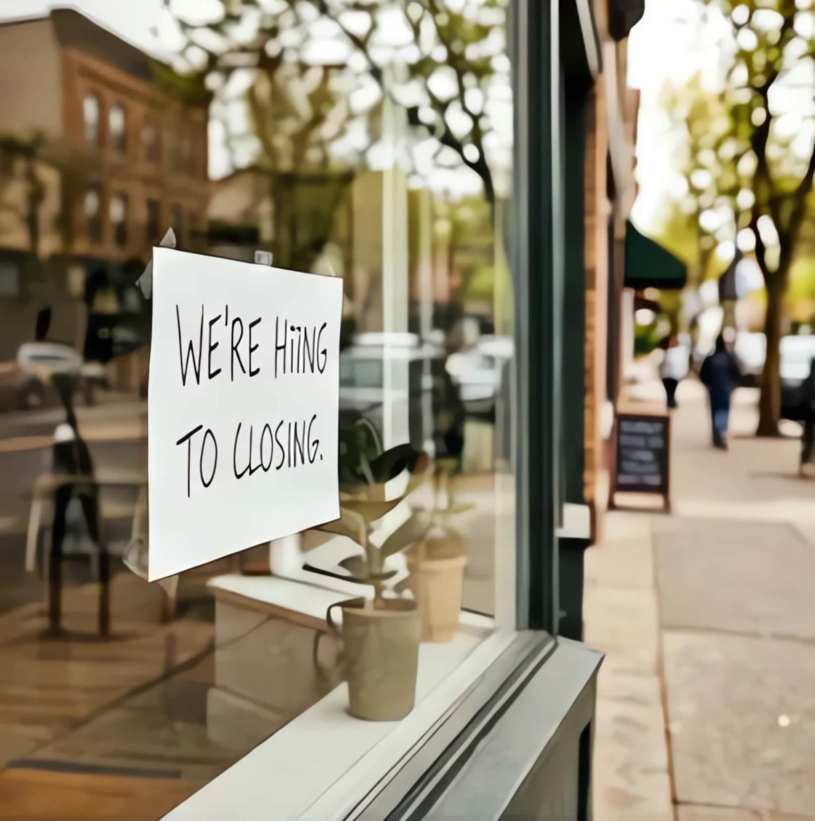 Handwritten hiring sign taped inside a storefront window on a tree-lined street