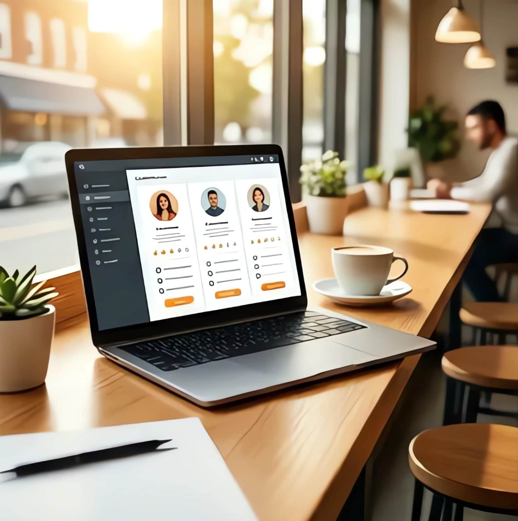 Laptop on a cafe counter showing three applicant profiles side by side