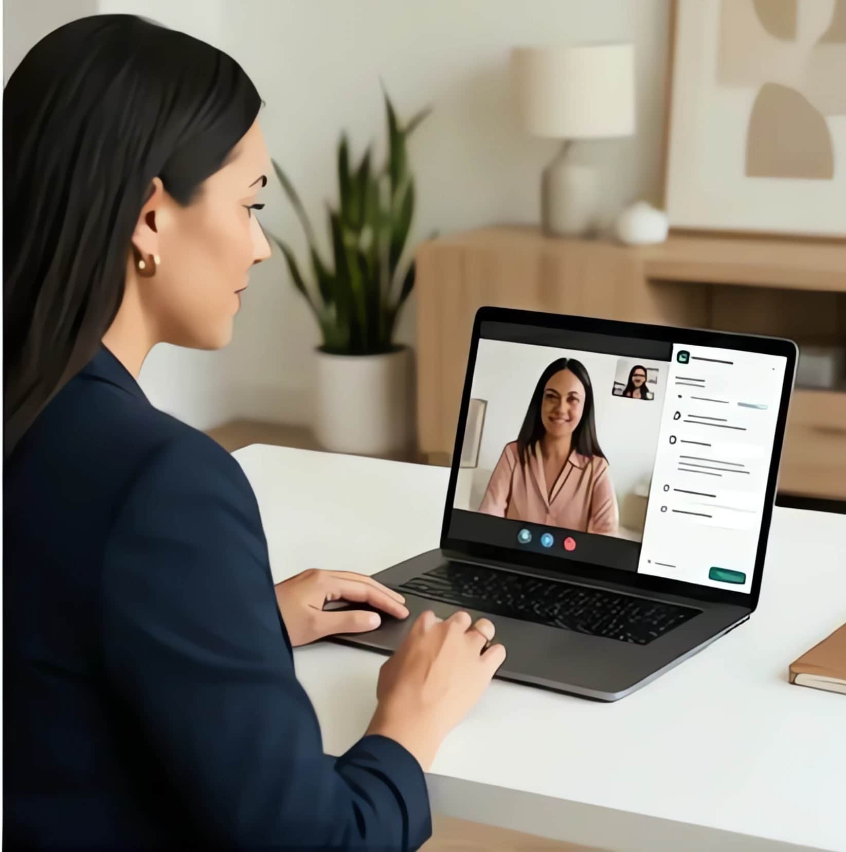 Small business owner at a laptop, talking with a candidate over a video call