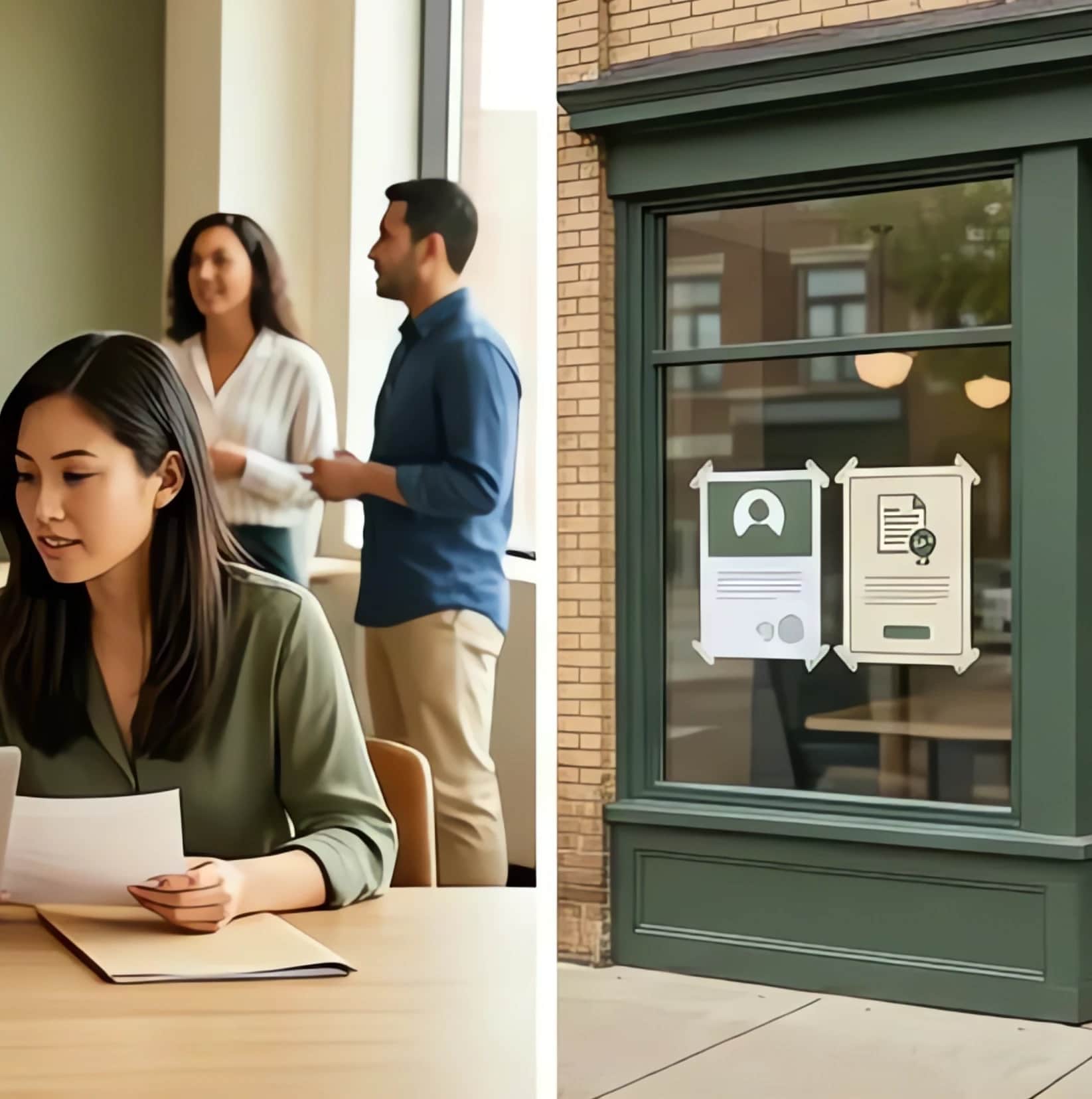 Two scenes side by side: a candidate being interviewed at a table, and two job notices posted in a storefront window