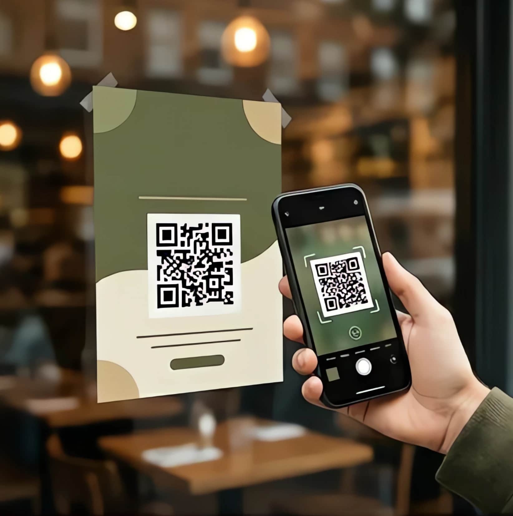 A hand holding a phone up to scan the QR code on a hiring poster taped inside a cafe window