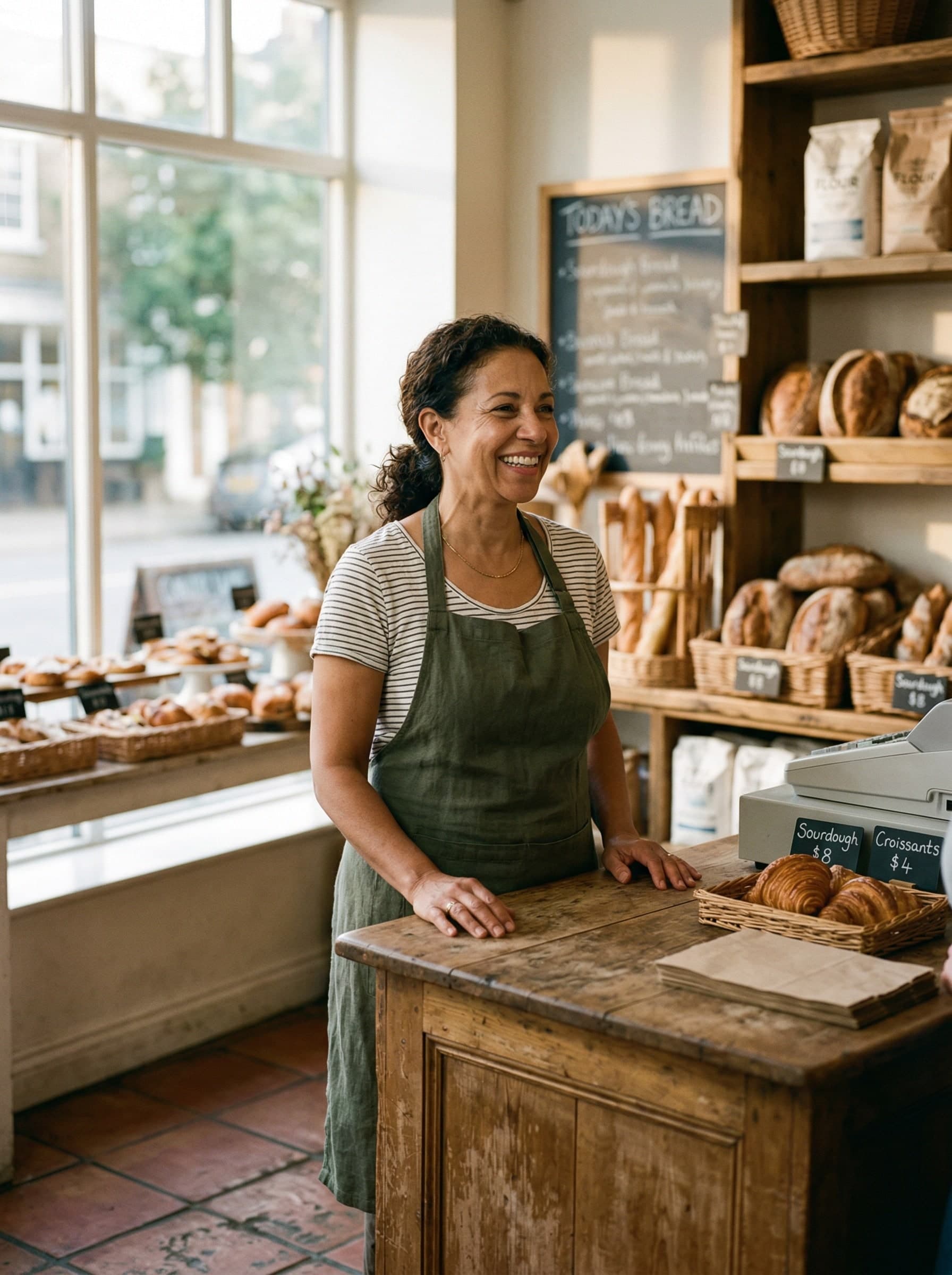 Small business owner smiling behind their counter