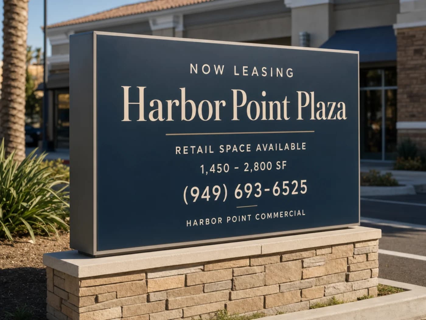 Monument leasing sign reading Now Leasing, Harbor Point Plaza, retail space available, 1,450 to 2,800 SF, (949) 693-6525