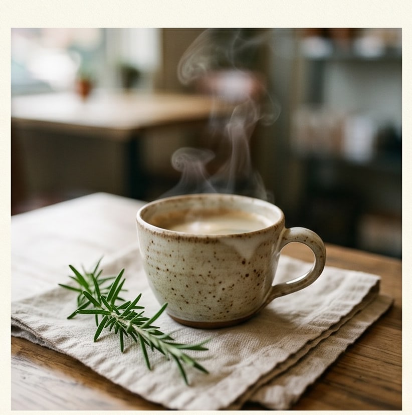 Steam rising from a hot cup of coffee beside a sprig of rosemary