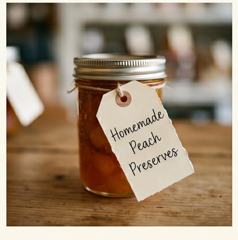 A handwritten paper tag tied to a jar of homemade peach preserves
