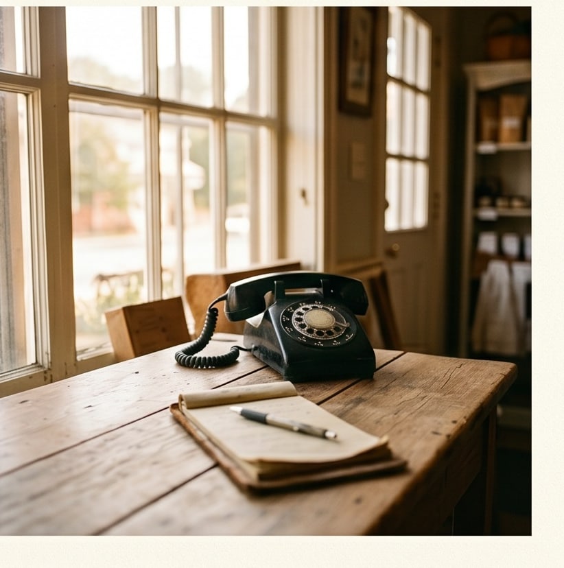 A vintage rotary phone and a notepad on a wooden table beside a bright window