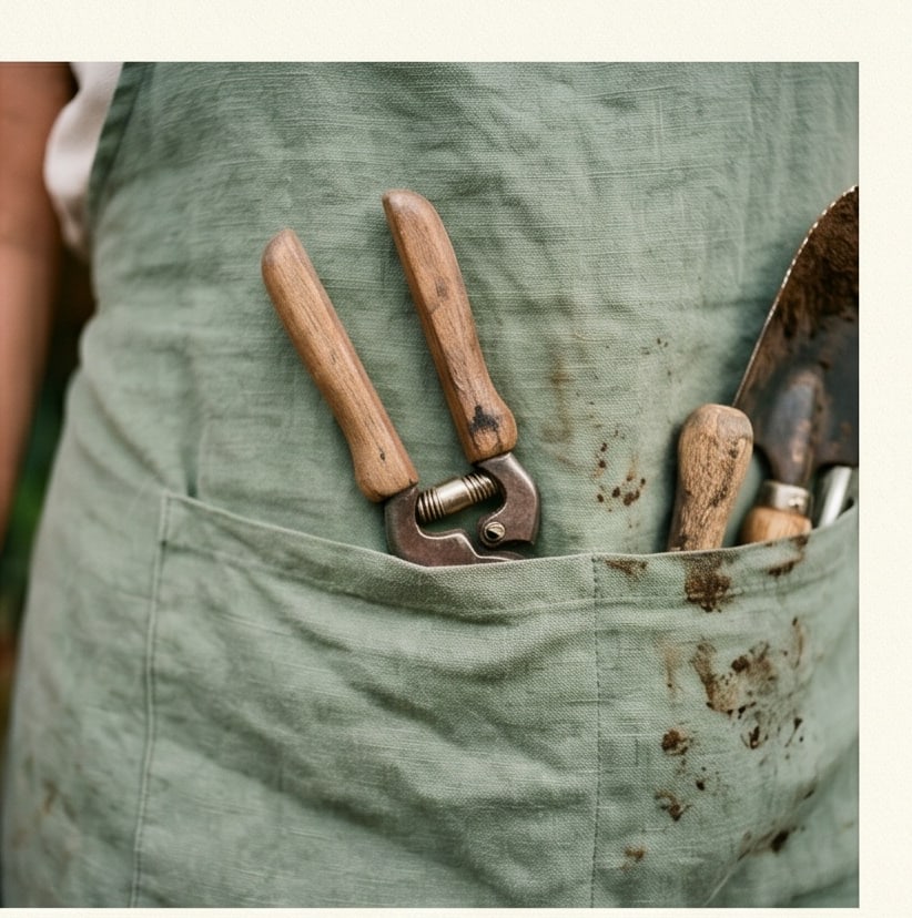 Pruning shears in the pocket of a green canvas apron